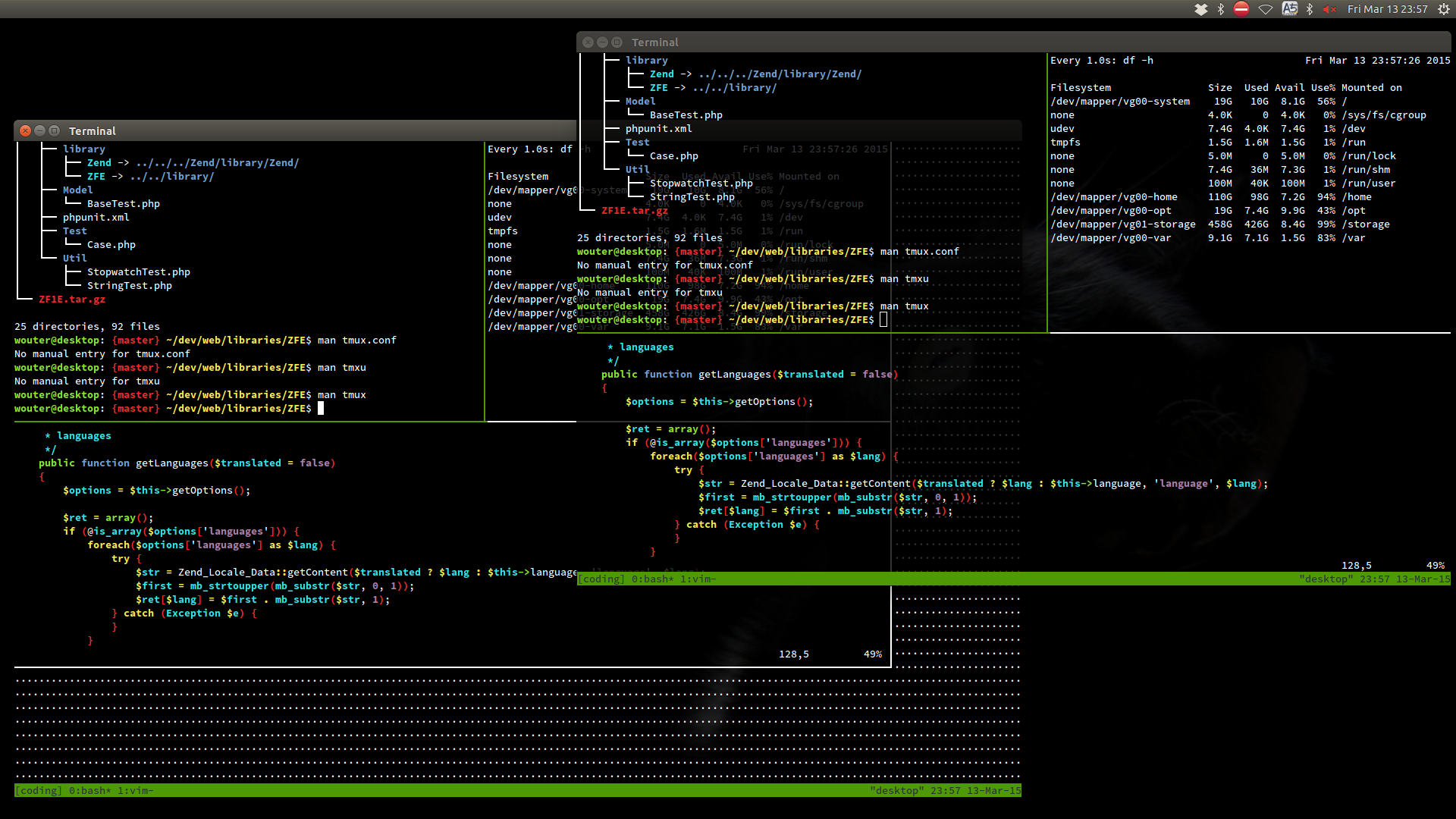 You can have the same tmux session in multiple terminals. Very useful for pair programming or mentoring.